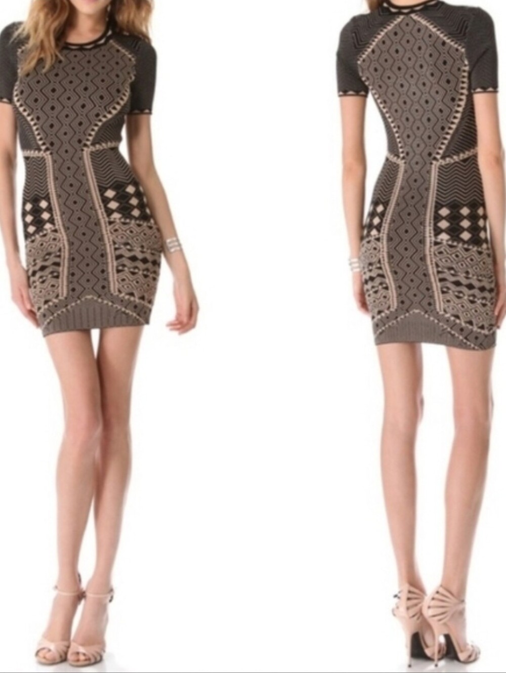 Ronny Kobo Aztec Geometric Print Kint Mini Dress Medium Bodycon Baddy Tan Black